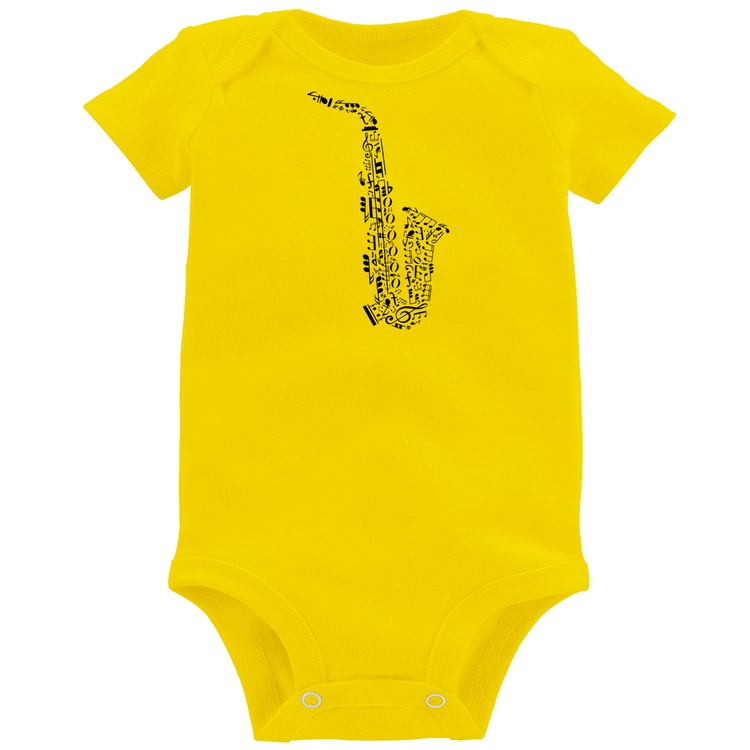 Body Bebê Saxofone Notas Musicais - Amarelo
