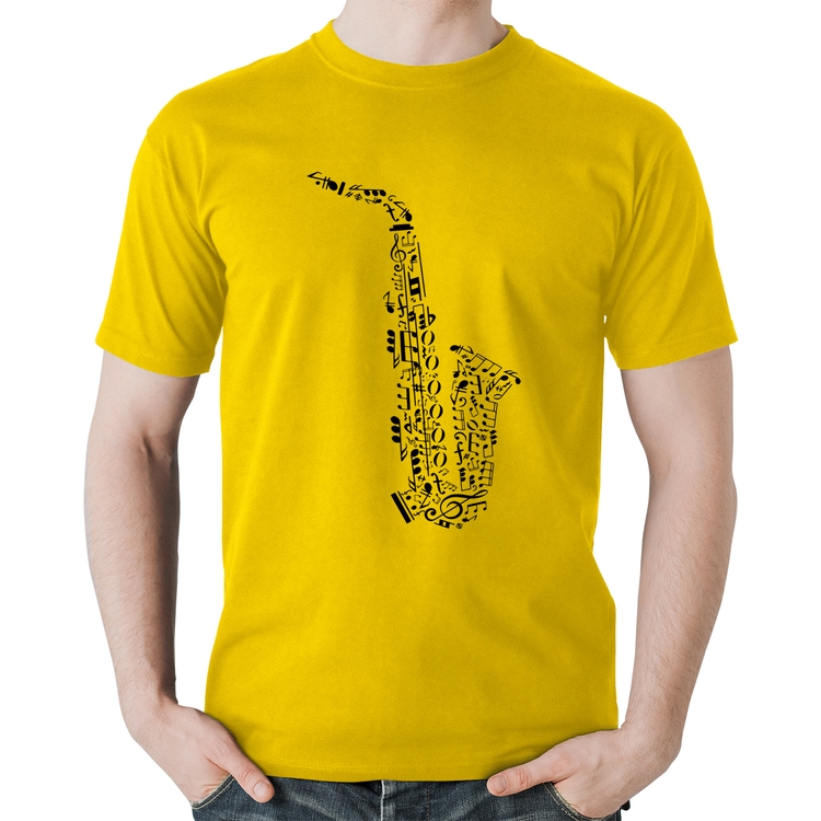 Camiseta Algodão Saxofone Notas Musicais - Amarela