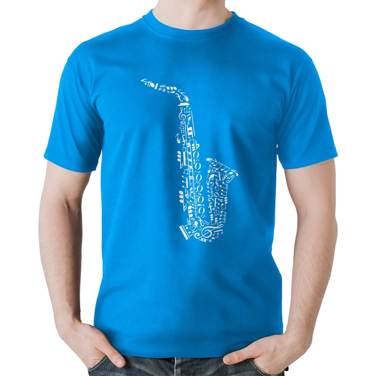 Camiseta Algodão Saxofone Notas Musicais - Azul