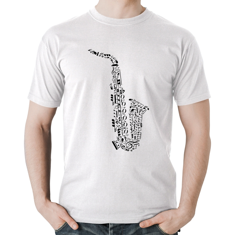 Camiseta Algodão Saxofone Notas Musicais - Branca
