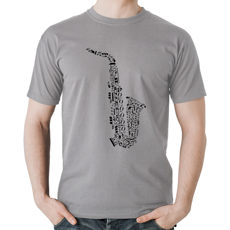 Camiseta Algodão Saxofone Notas Musicais - Cinza