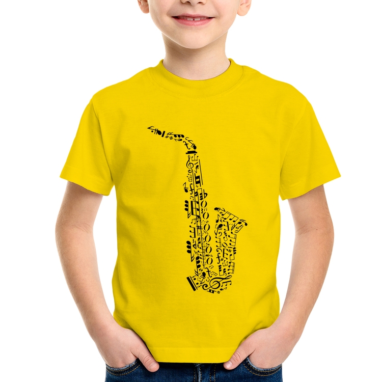 Camiseta Infantil Saxofone Notas Musicais - Amarela