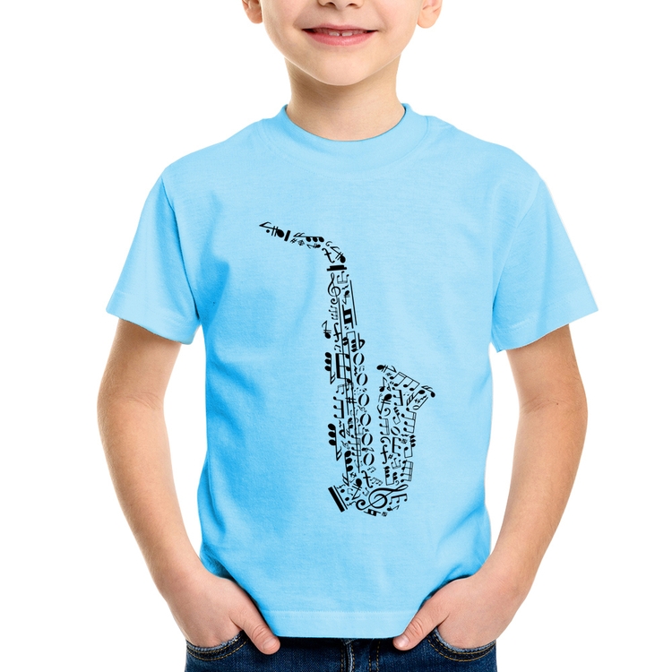 Camiseta Infantil Saxofone Notas Musicais - Azul Bebê