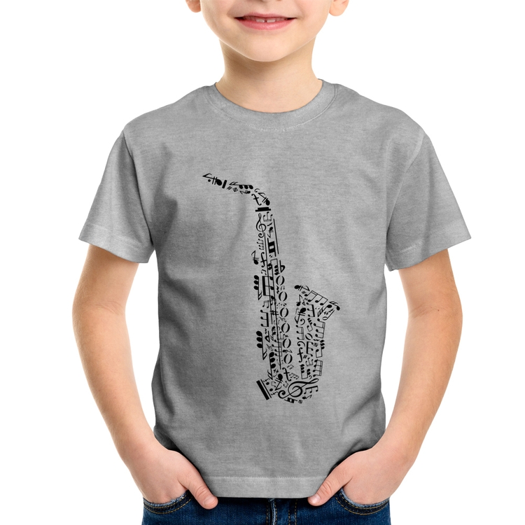 Camiseta Infantil Saxofone Notas Musicais - Cinza