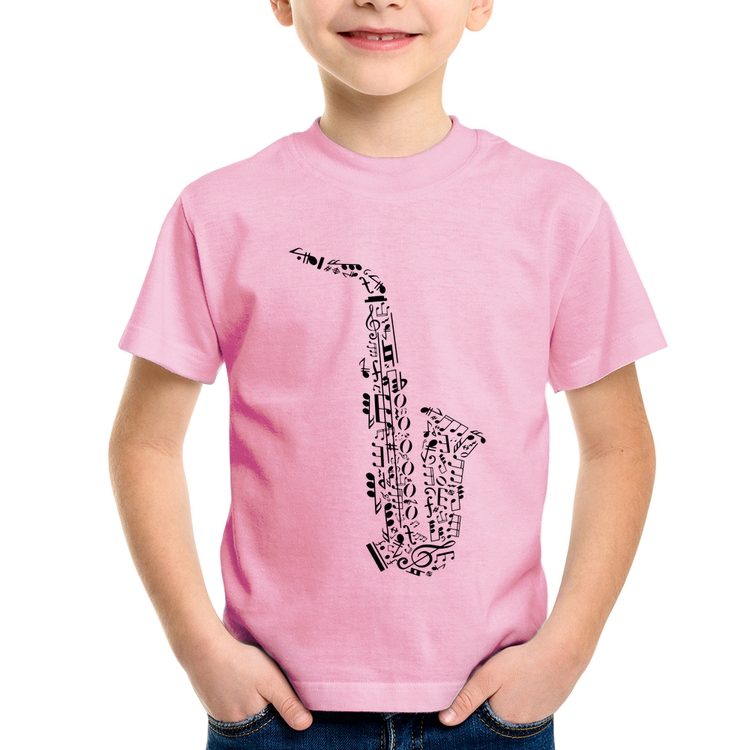 Camiseta Infantil Saxofone Notas Musicais - Rosa Bebê