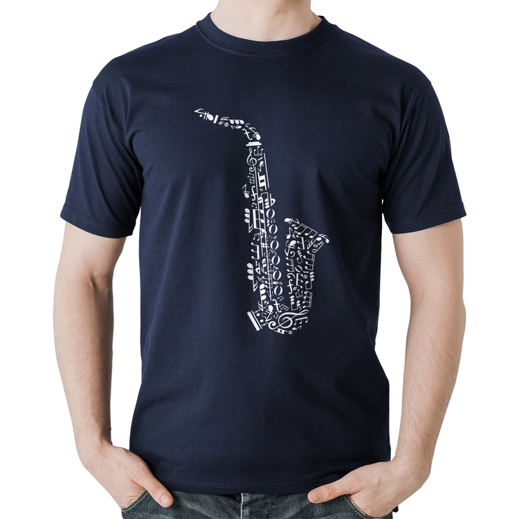 Camiseta Algodão Saxofone Notas Musicais - Marinho