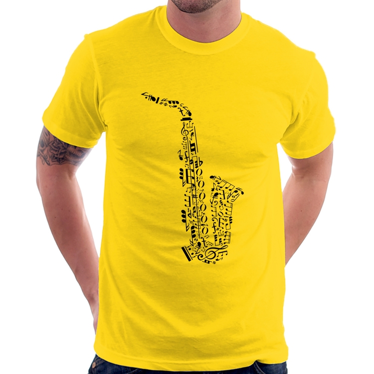 Camiseta Saxofone Notas Musicais - Amarela