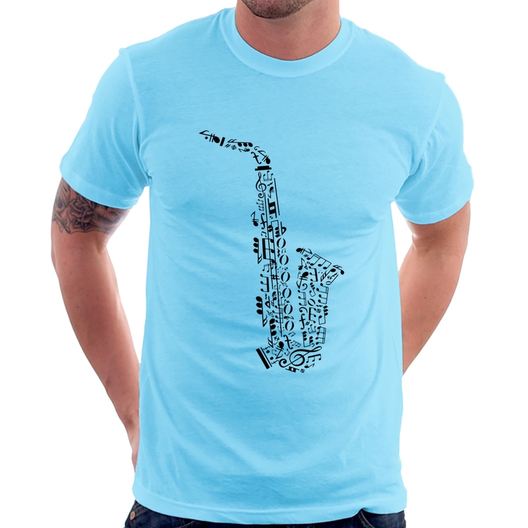 Camiseta Saxofone Notas Musicais - Azul Bebê