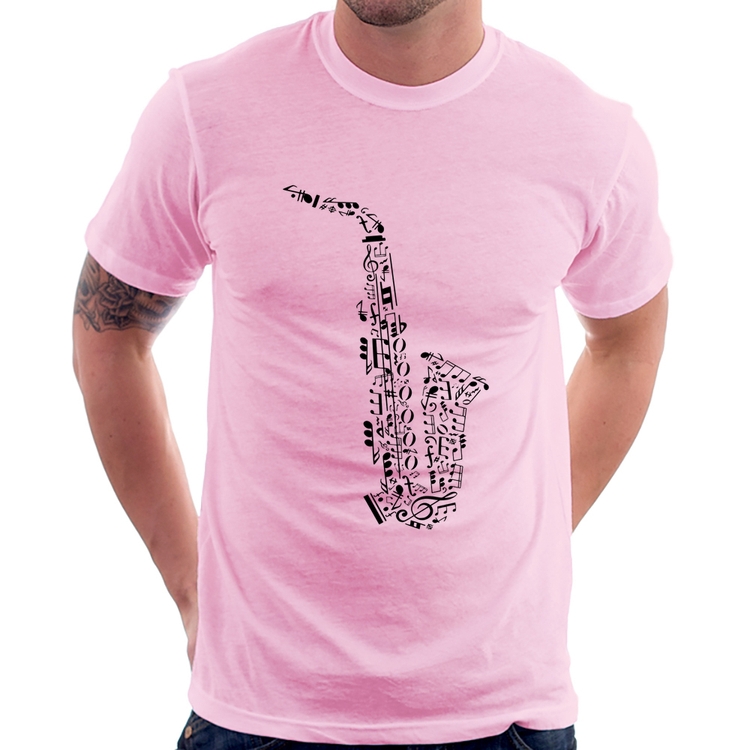 Camiseta Saxofone Notas Musicais - Rosa Bebê