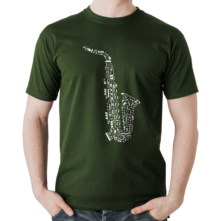 Camiseta Algodão Saxofone Notas Musicais - Musgo
