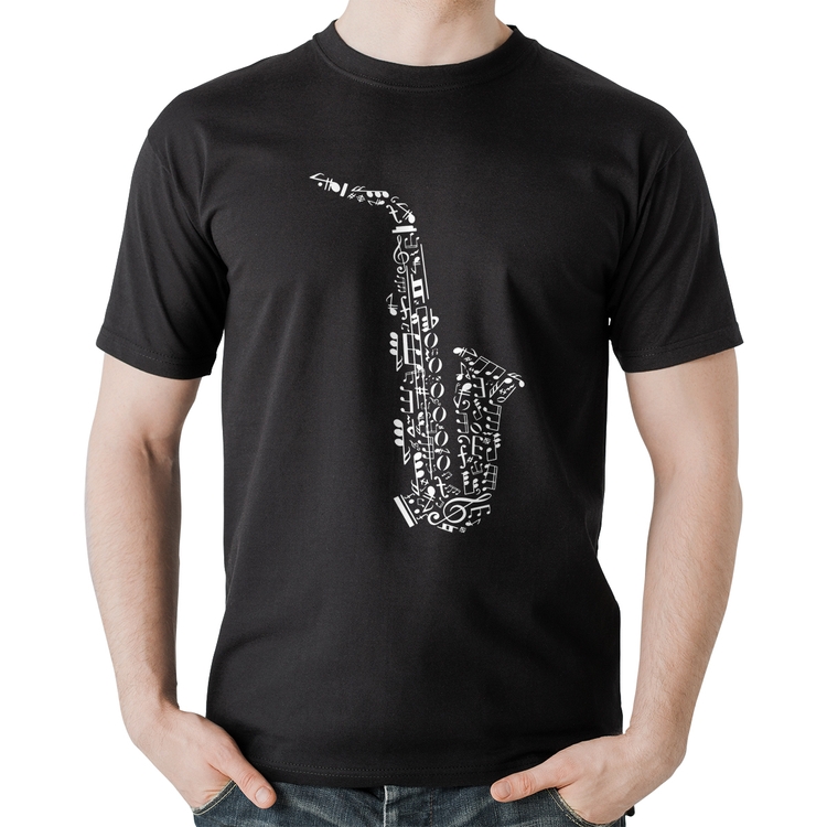 Camiseta Algodão Saxofone Notas Musicais