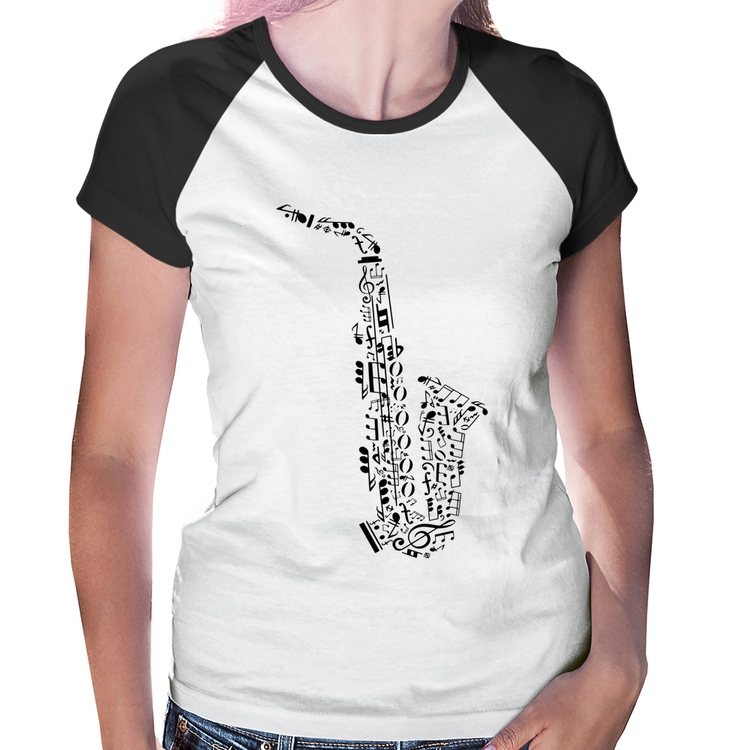 Baby Look Raglan Saxofone Notas Musicais