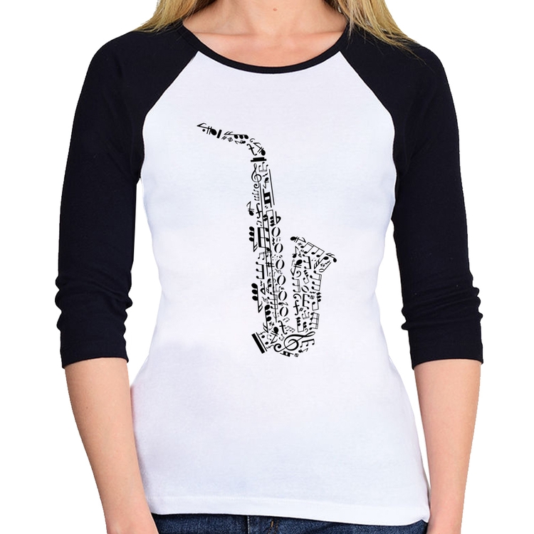 Baby Look Raglan Saxofone Notas Musicais Manga 3/4