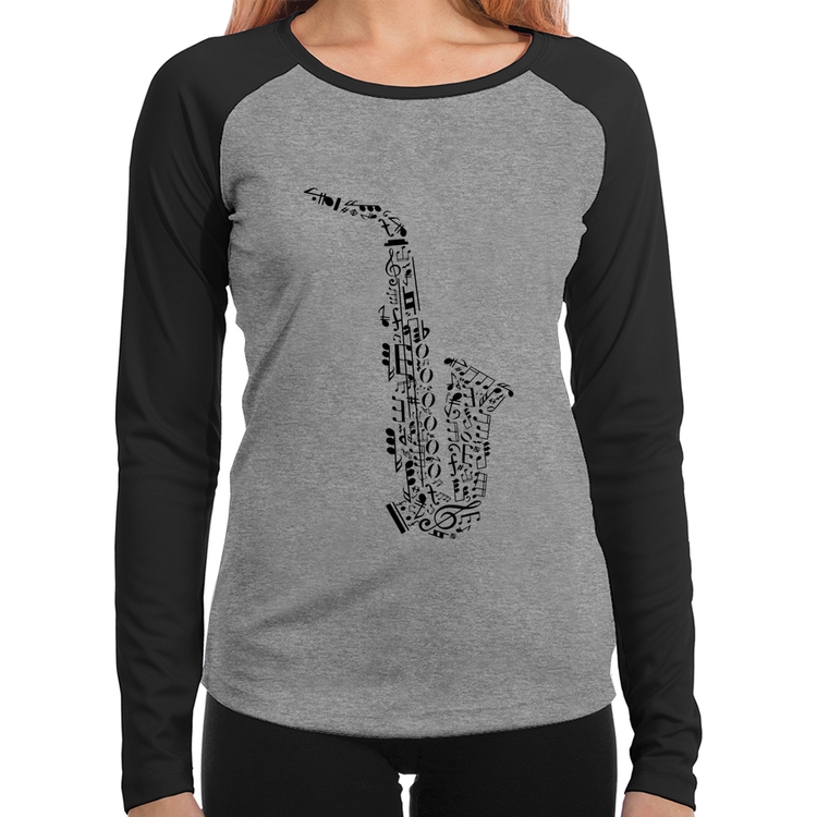 Baby Look Raglan Saxofone Notas Musicais Manga Longa - Cinza/Preto