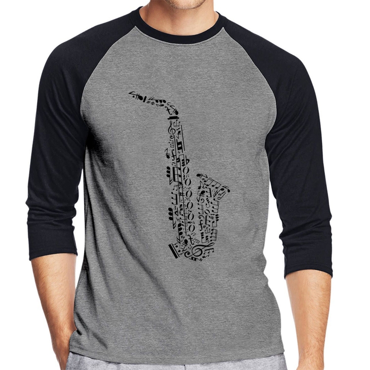 Camiseta Raglan Saxofone Notas Musicais Manga 3/4 - Cinza/Preto