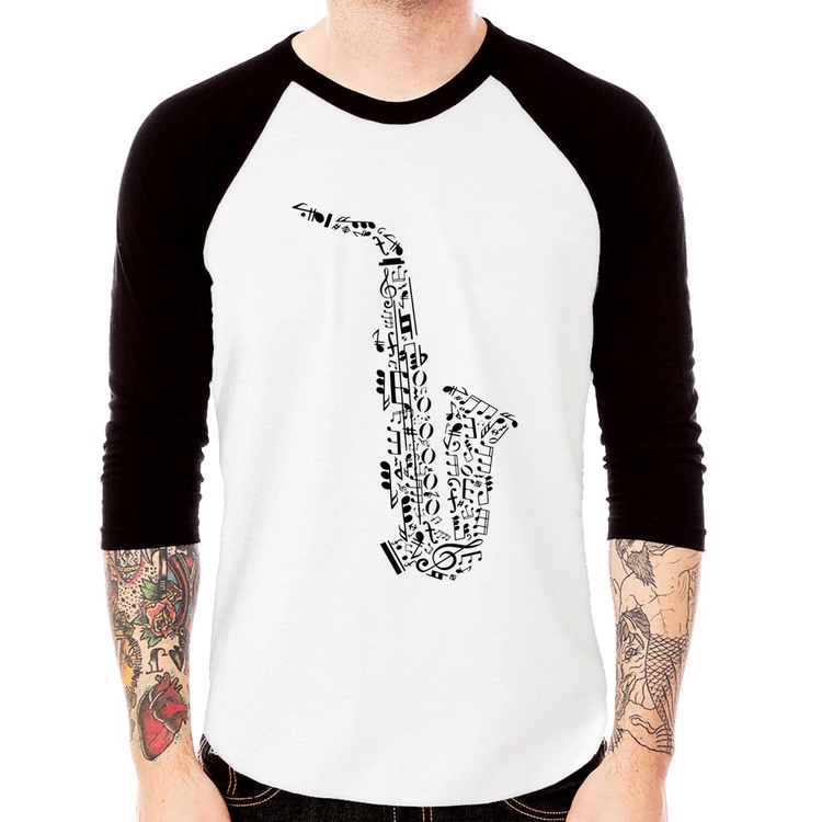 Camiseta Raglan Saxofone Notas Musicais Manga 3/4