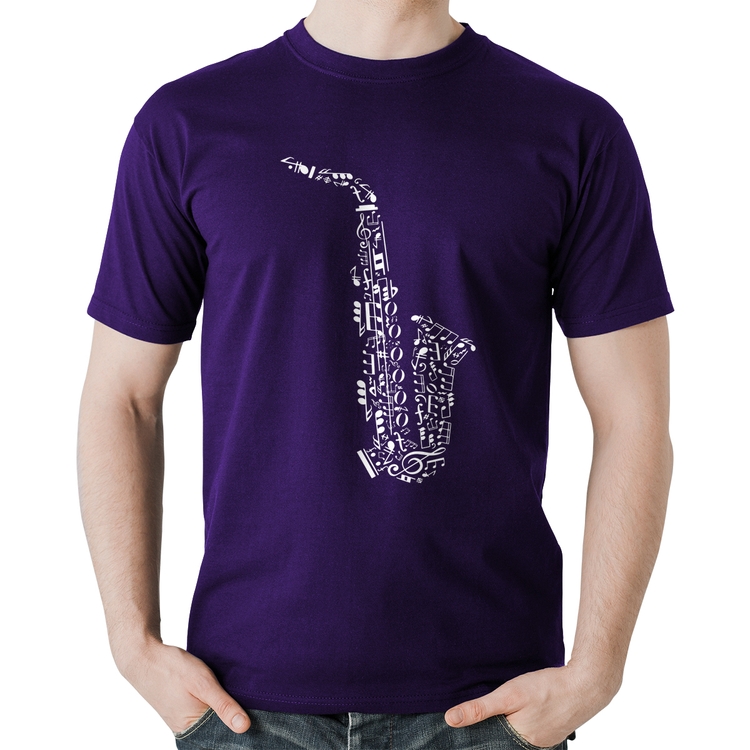 Camiseta Algodão Saxofone Notas Musicais - Roxa