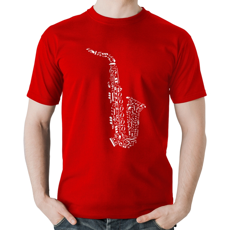 Camiseta Algodão Saxofone Notas Musicais - Vermelha