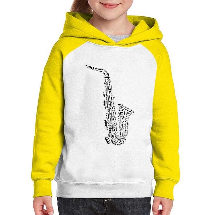 Moletom Infantil Saxofone Notas Musicais - Branco/Amarelo