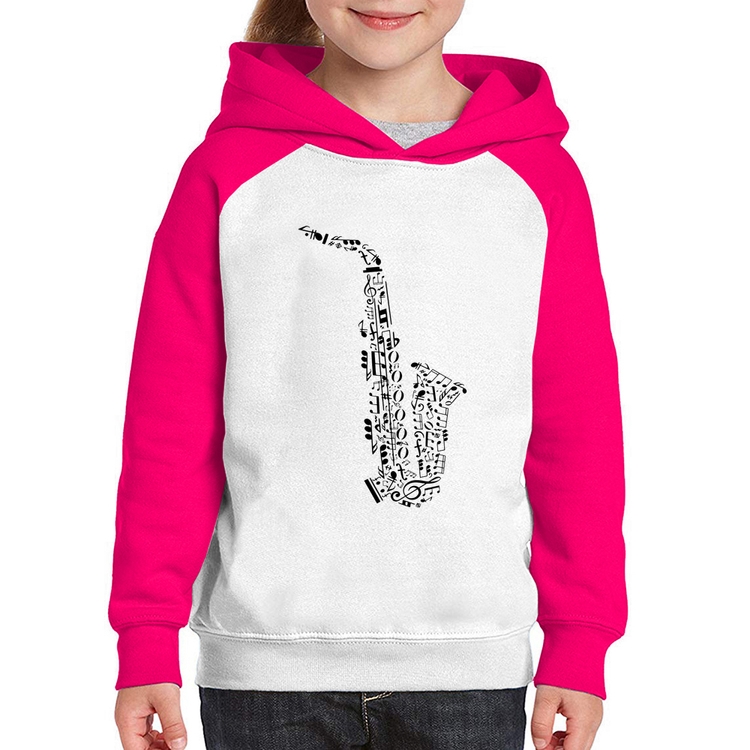 Moletom Infantil Saxofone Notas Musicais - Branco/Rosa