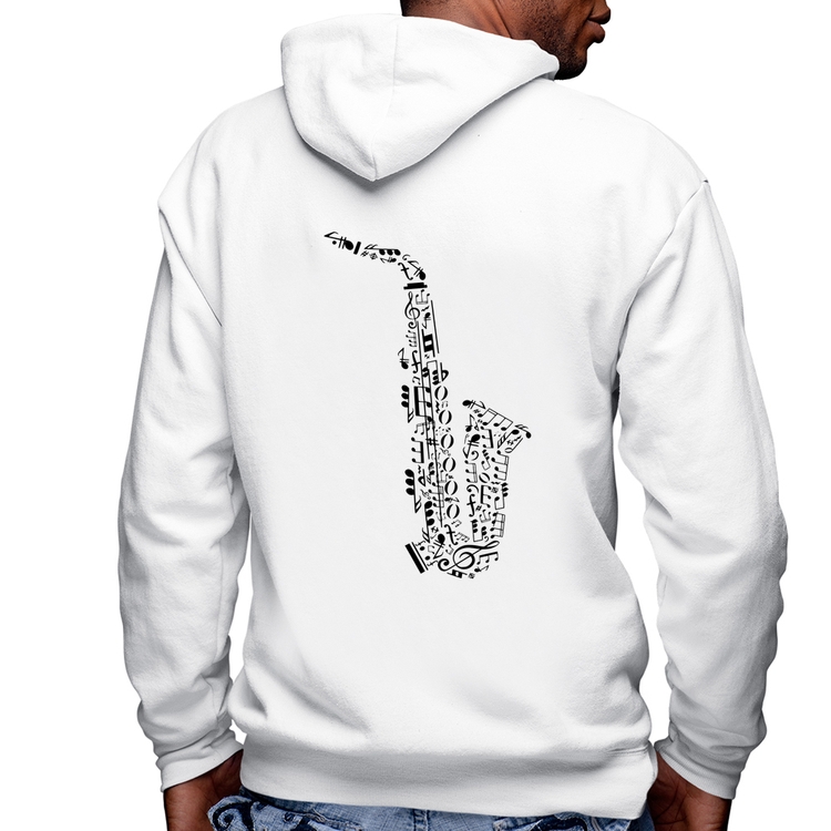 Blusa Moletom Saxofone Notas Musicais Masculina com Capuz e Zíper - Branca