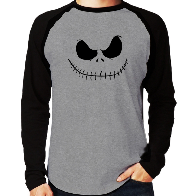 Camiseta Raglan Scare Face Manga Longa - Cinza/Preto