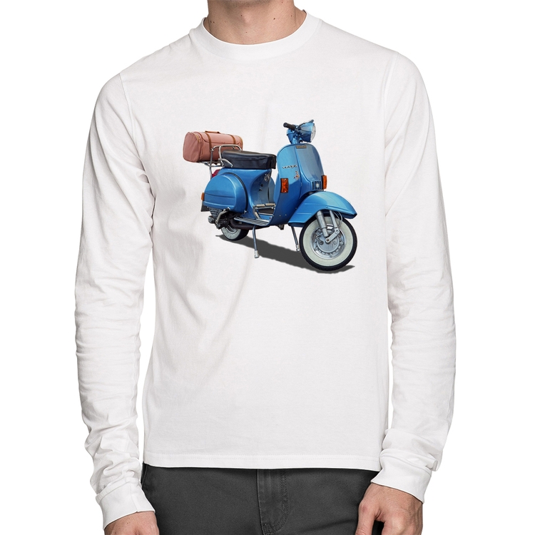 Camiseta Algodão Scooter Azul Manga Longa - Branca