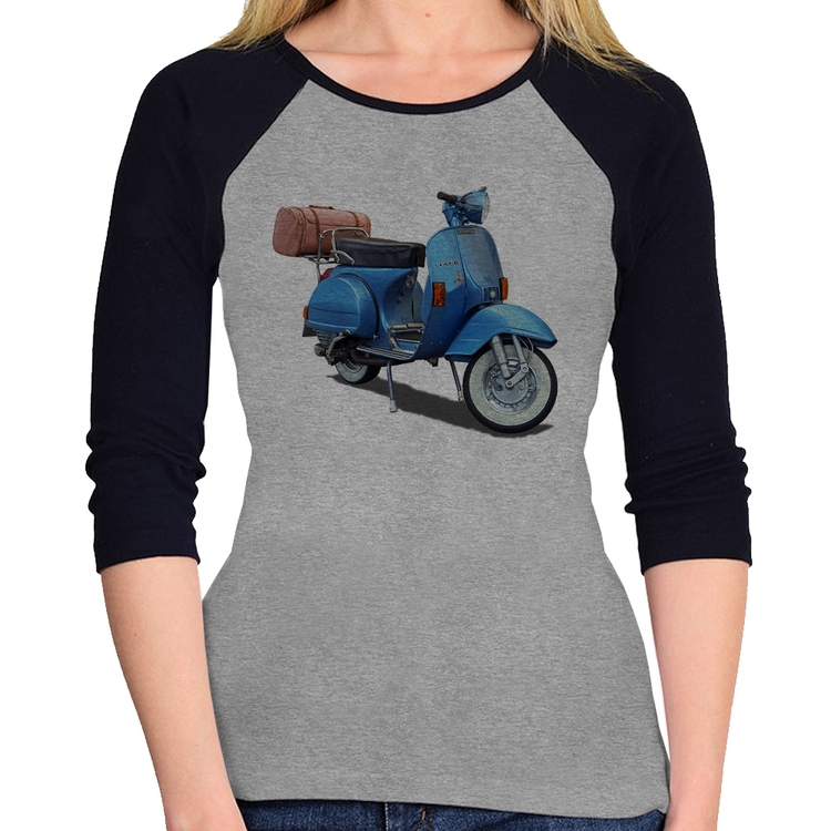 Baby Look Raglan Scooter Azul Manga 3/4 - Cinza/Preto