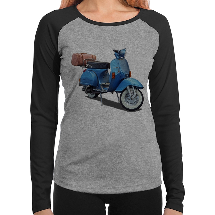 Baby Look Raglan Scooter Azul Manga Longa - Cinza/Preto