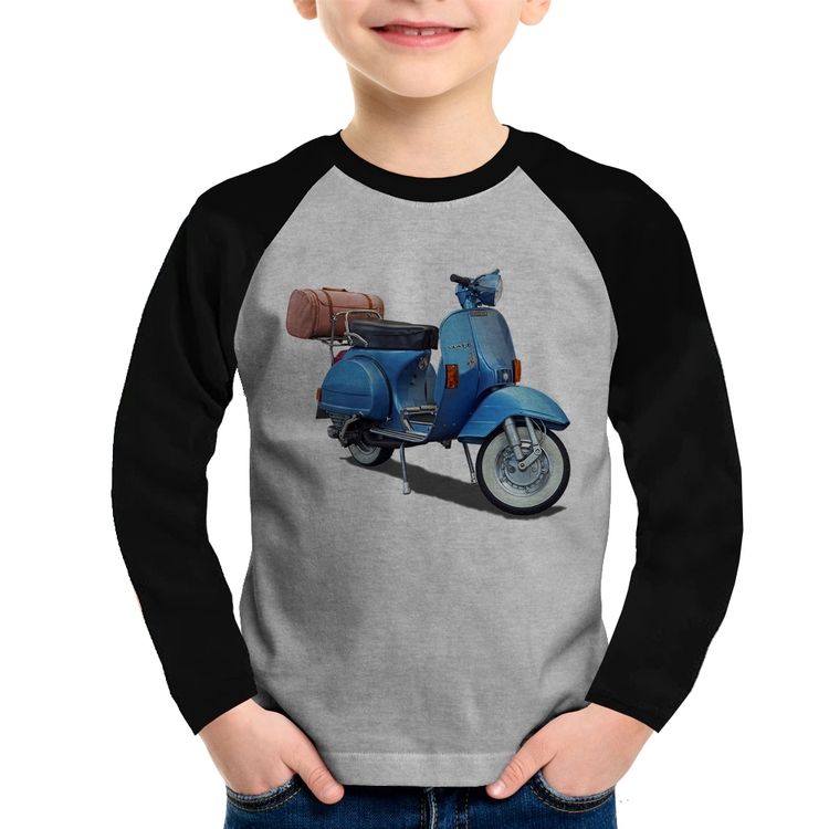 Camiseta Raglan Infantil Scooter Azul Manga Longa - Cinza/Preto