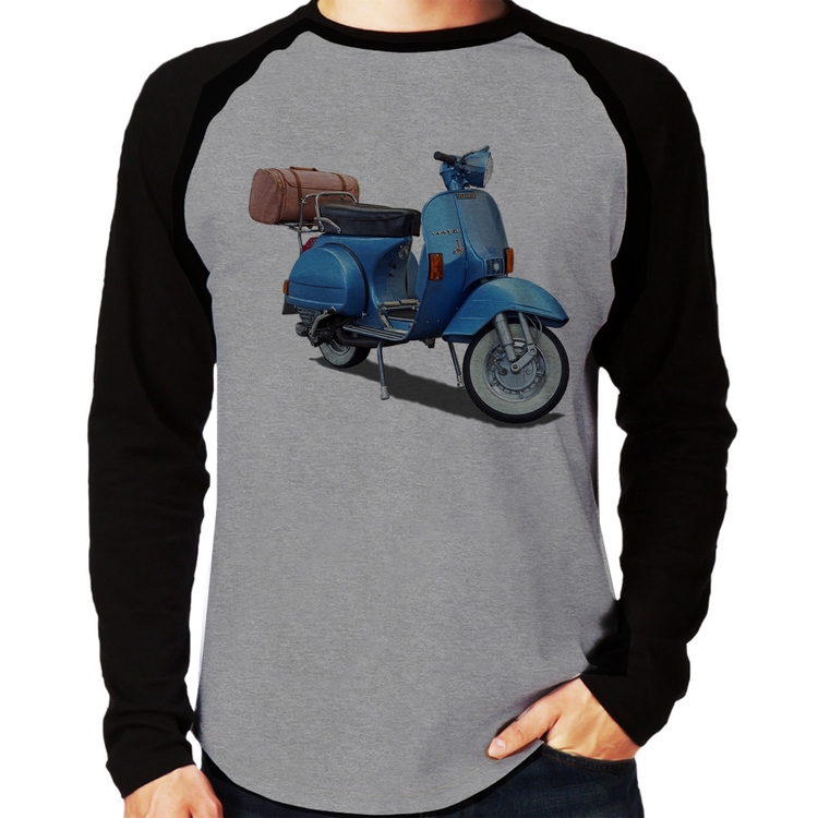 Camiseta Raglan Scooter Azul Manga Longa - Cinza/Preto