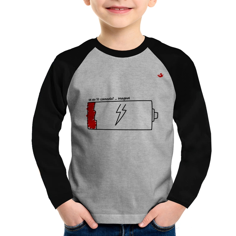 Camiseta Raglan Infantil Se eu tô cansada? Manga Longa - Cinza/Preto