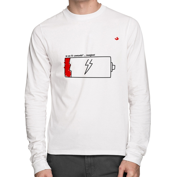 Camiseta Algodão Se eu tô cansado? Manga Longa - Branca
