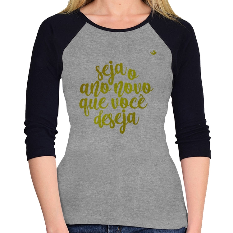 Baby Look Raglan Seja o ano novo que você deseja Manga 3/4 - Cinza/Preto