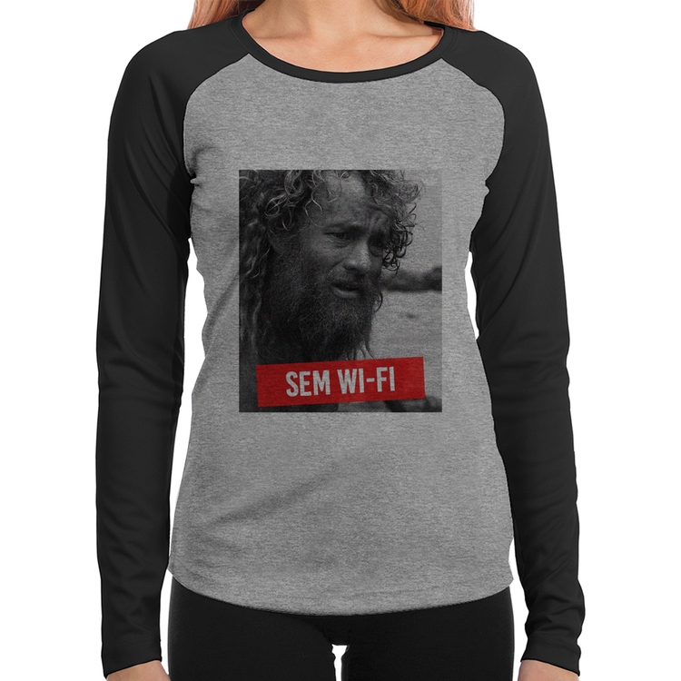 Baby Look Raglan Sem Wi-Fi Manga Longa - Cinza/Preto