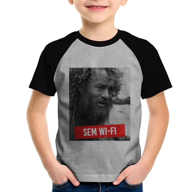 Camiseta Raglan Infantil Sem Wi-Fi - Cinza/Preto