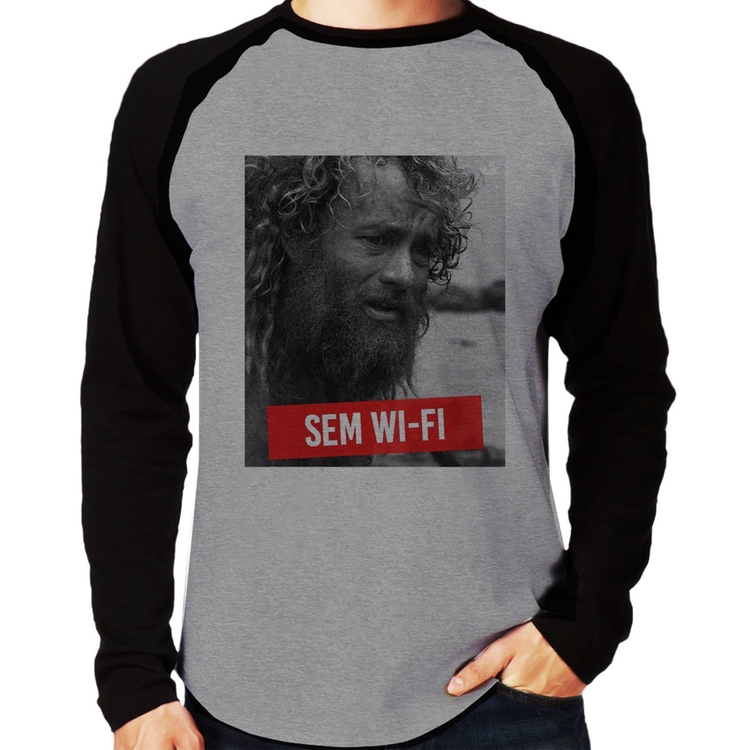 Camiseta Raglan Sem Wi-Fi Manga Longa - Cinza/Preto