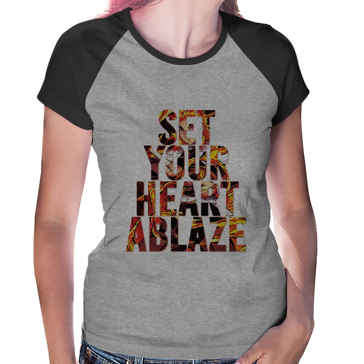 Baby Look Raglan Set your heart ablaze - Cinza/Preto