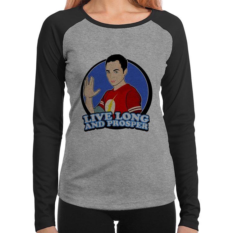 Baby Look Raglan Sheldon Spock Manga Longa - Cinza/Preto
