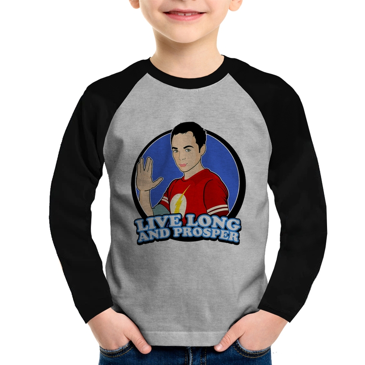 Camiseta Raglan Infantil Sheldon Spock Manga Longa - Cinza/Preto