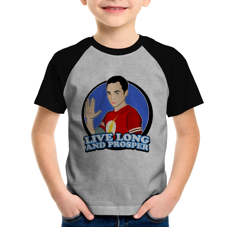 Camiseta Raglan Infantil Sheldon Spock - Cinza/Preto