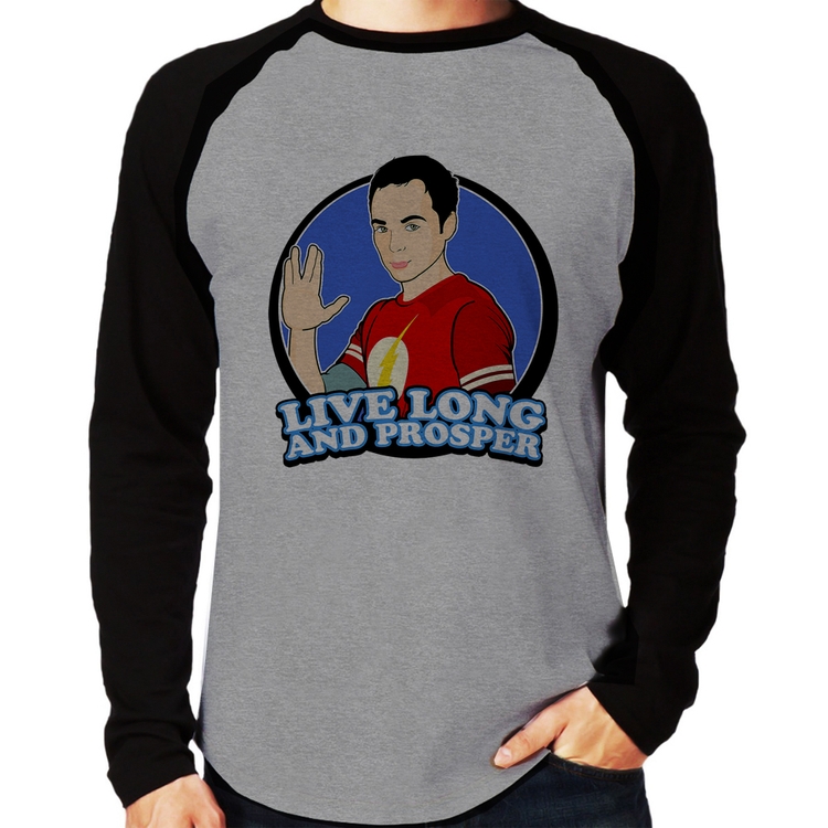 Camiseta Raglan Sheldon Spock Manga Longa - Cinza/Preto