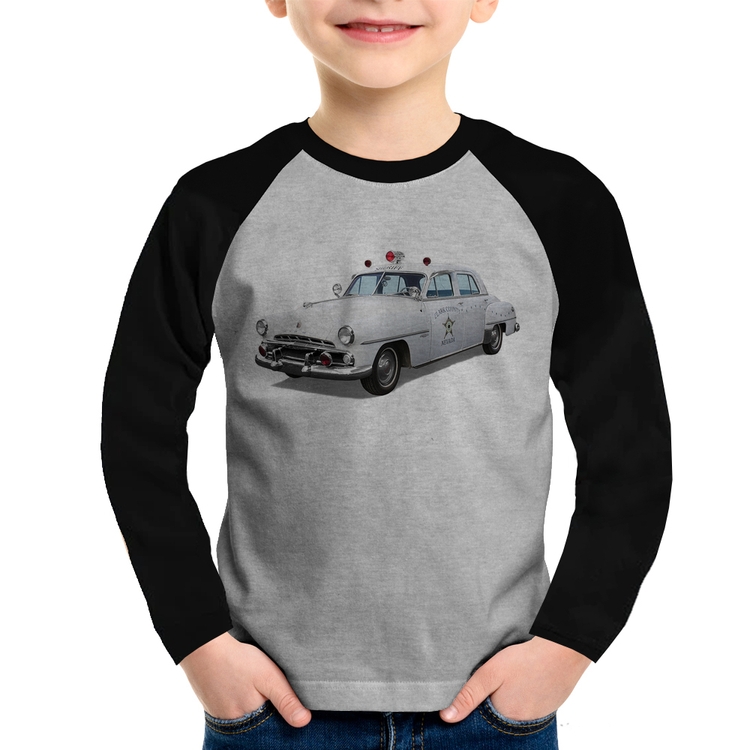 Camiseta Raglan Infantil Sheriff Car Manga Longa - Cinza/Preto