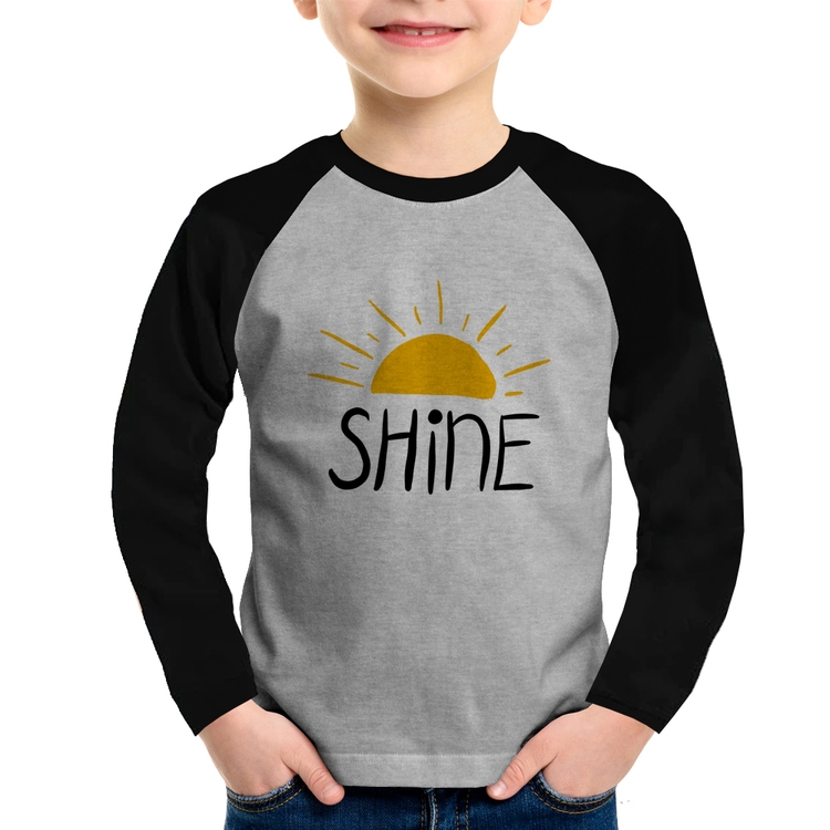 Camiseta Raglan Infantil Shine Manga Longa - Cinza/Preto