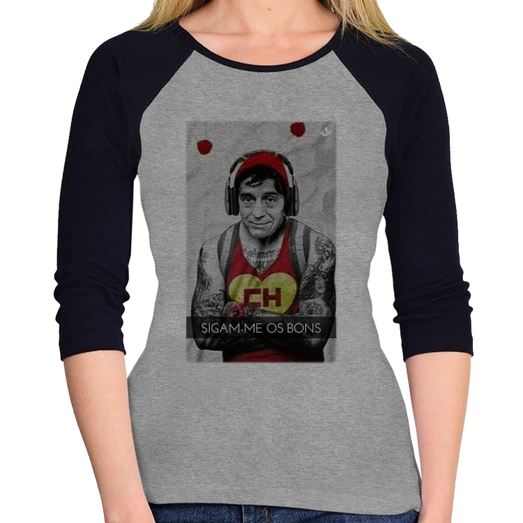 Baby Look Raglan Sigam-me os bons Manga 3/4 - Cinza/Preto