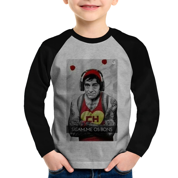 Camiseta Raglan Infantil Sigam-me os bons Manga Longa - Cinza/Preto