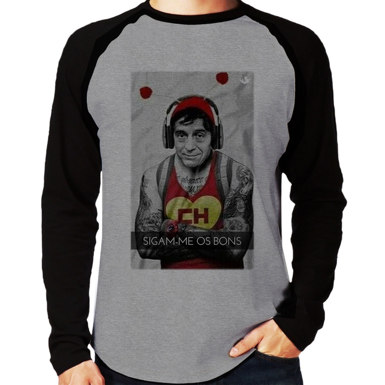 Camiseta Raglan Sigam-me os bons Manga Longa - Cinza/Preto
