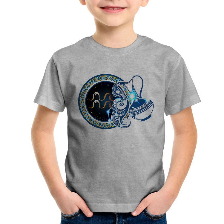 Camiseta Infantil Signo Aquário Astrologia - Cinza
