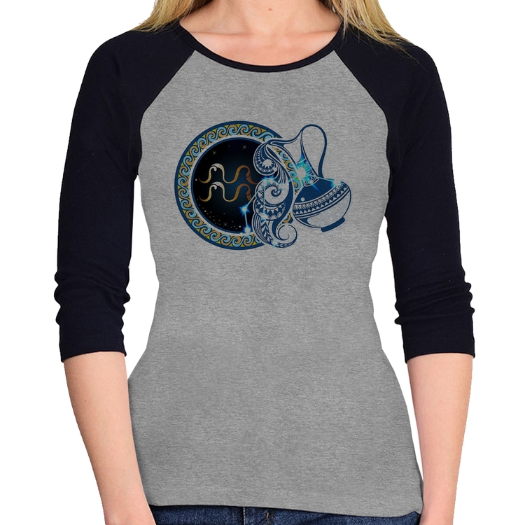 Baby Look Raglan Signo Aquário Astrologia Manga 3/4 - Cinza/Preto