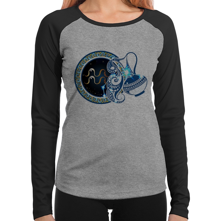 Baby Look Raglan Signo Aquário Astrologia Manga Longa - Cinza/Preto